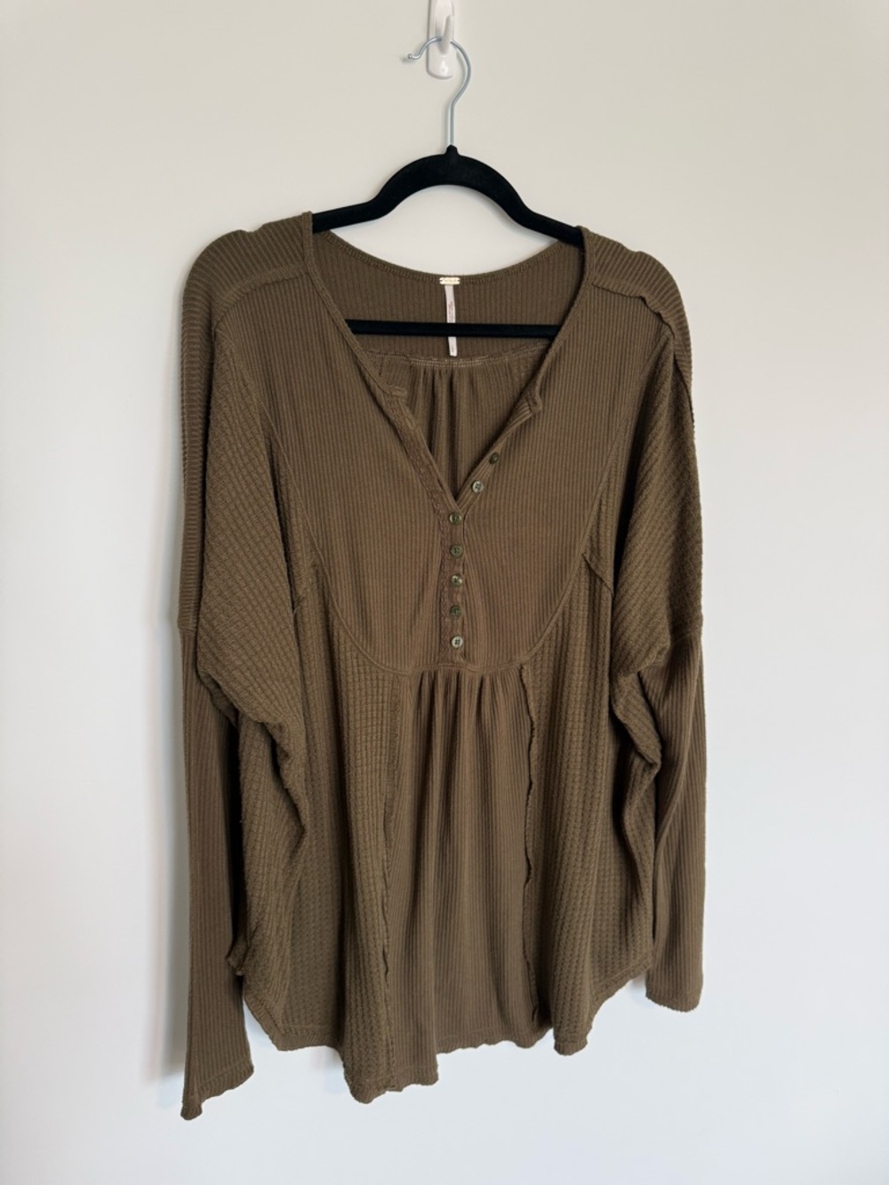 Free People Olive Waffle Henley Long-Sleeve Top